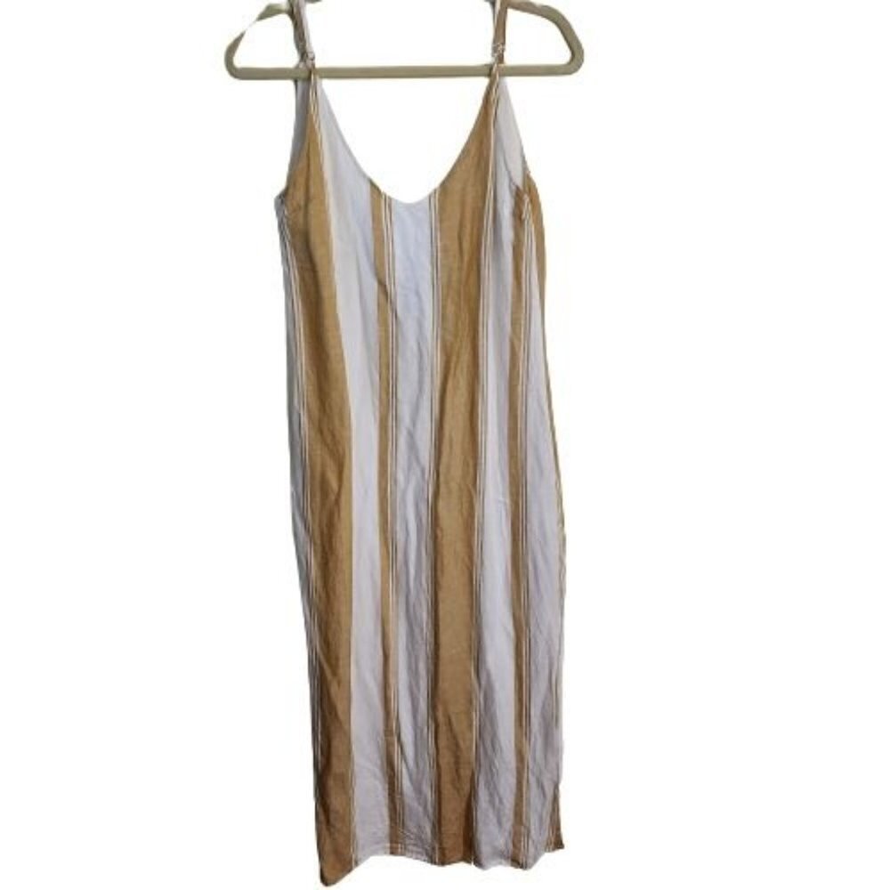 Thread & Supply Tan Ivory Striped Linen Blend Sleeveless Midi Maxi Dress Size S